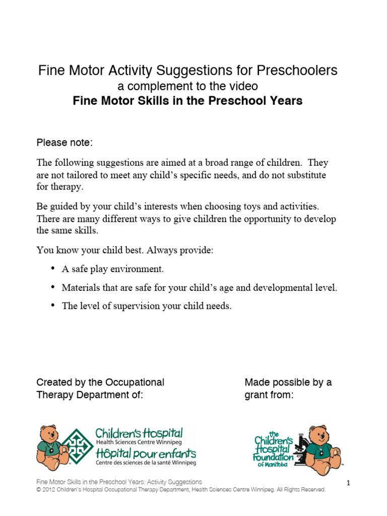 Fine Motor Activity Suggestions For Preschoolers | PDF