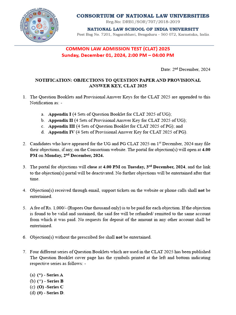 CLAT 2025 Question Paper Notification | PDF | Crimes | Crime & Violence