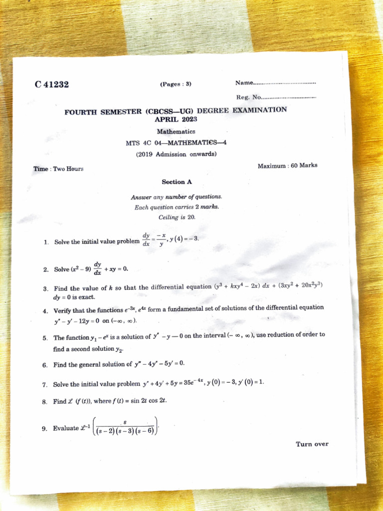 Mathematics S4 Exam Paper - 2023 | PDF | Applied Mathematics | Subtraction