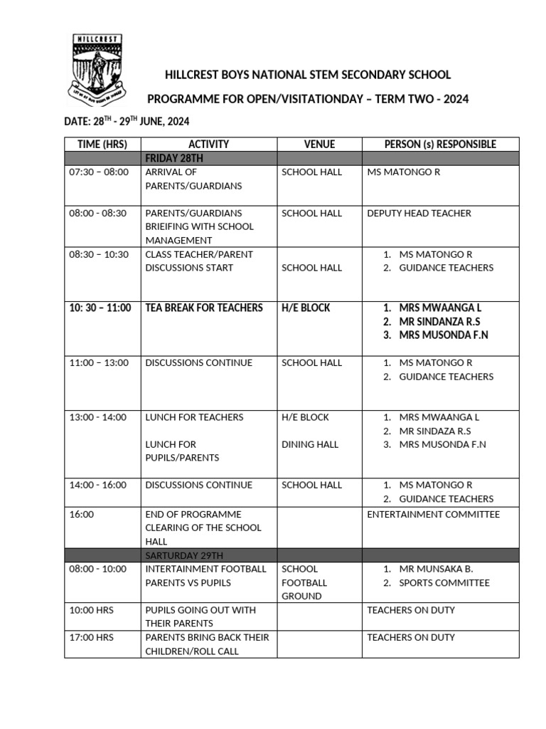 Hillcrest Boys STEM Open Day Schedule | PDF