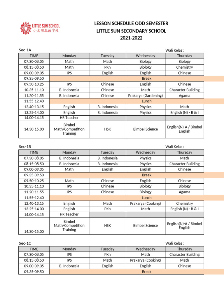 Little Sun Secondary School Lesson Schedule | PDF | Academic Term ...