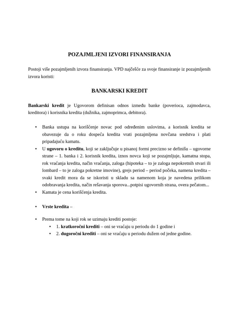 Pozajmljeni Izvori Finansiranja: Bankarski Kredit | PDF