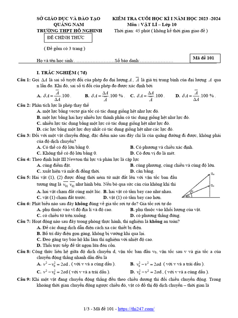 De Cuoi Ki 1 Vat Li 10 Nam 2023 2024 Truong THPT Ho Nghinh Quang Nam | PDF