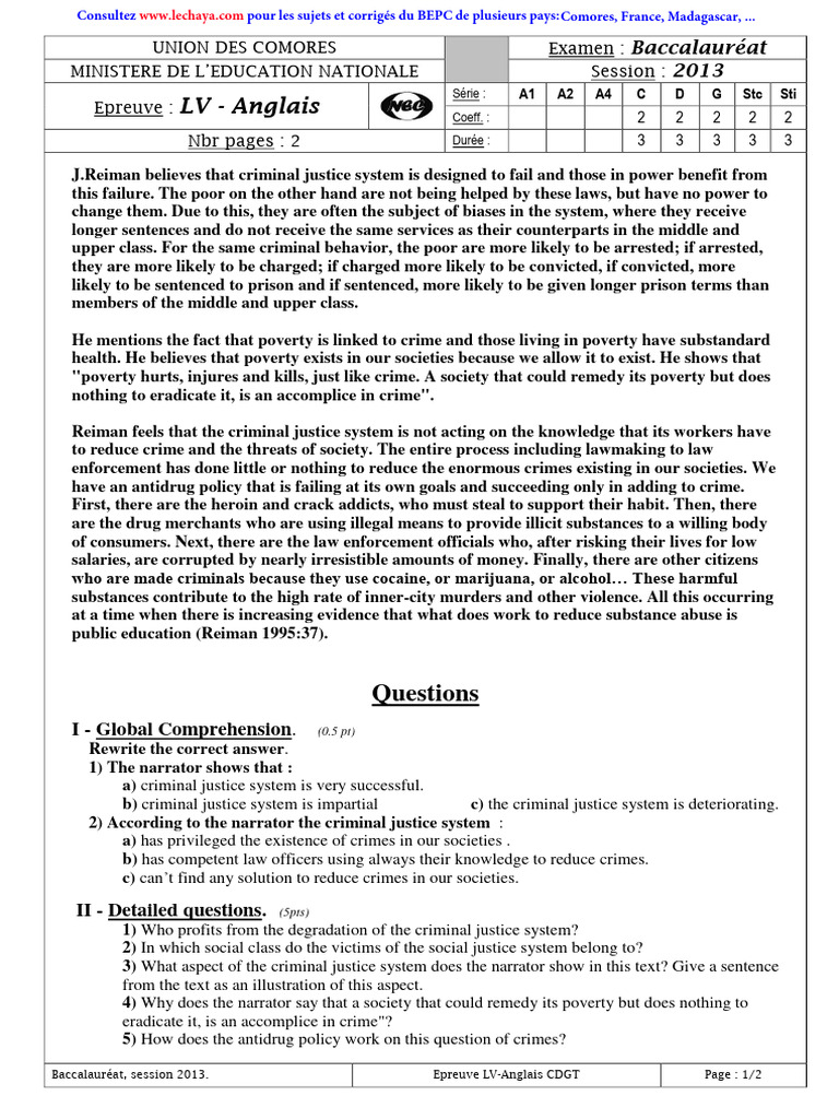 2013 Comoros Baccalauréat English Exam | PDF | Substance Abuse | Justice