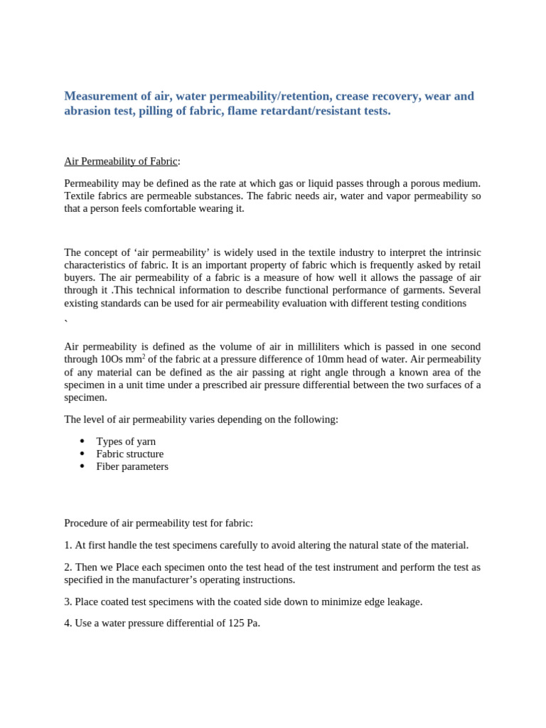 Fabric Testing: Air & Water Permeability | PDF | Chromatography ...