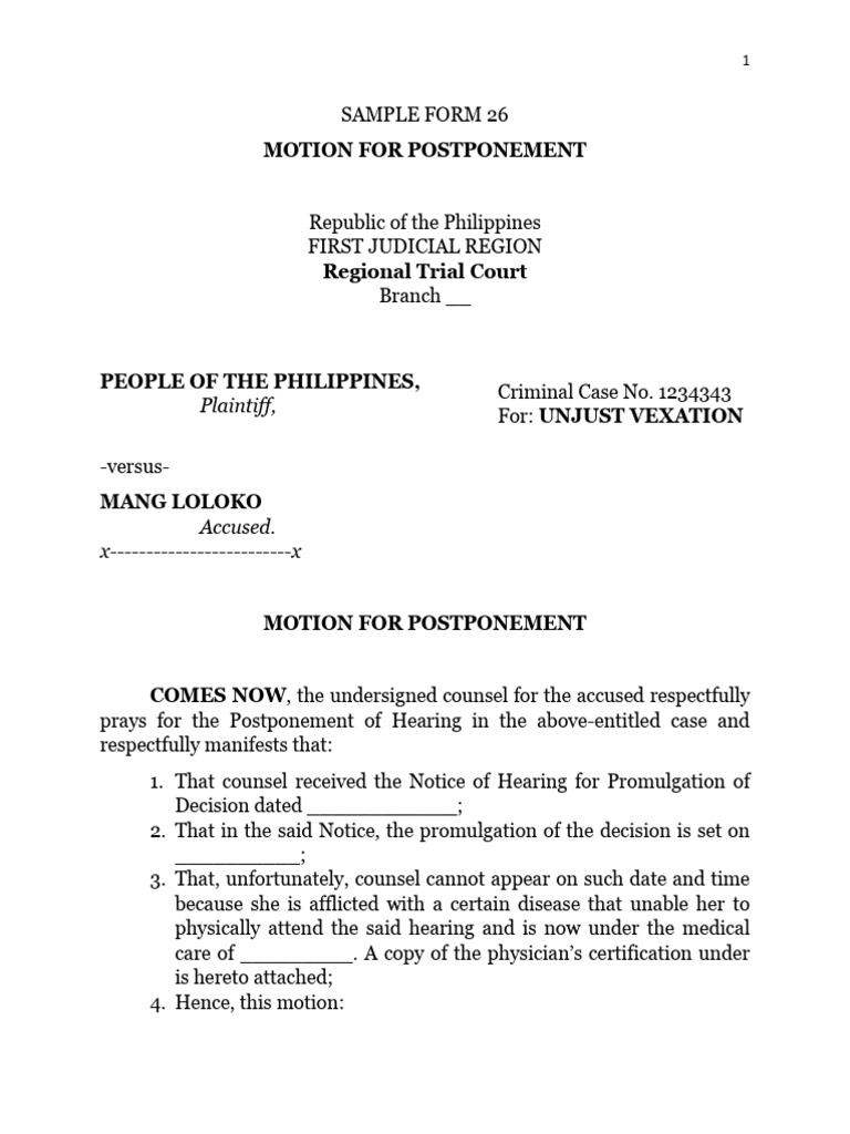 Motion for Postponement Hearing | PDF | Affidavit | Judiciaries