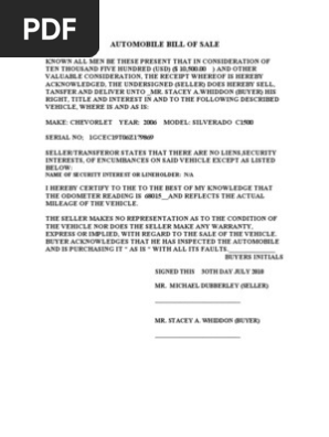 Automobile Bill of Sale