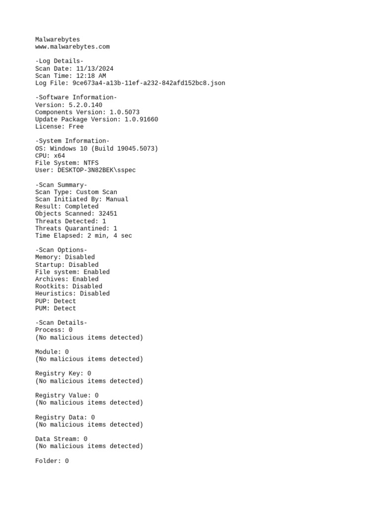 Malwarebytes Custom Scan Report | PDF