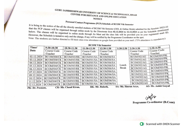 PCP Schedule For B.Com 5th Semester For The Session 2022-23 | PDF
