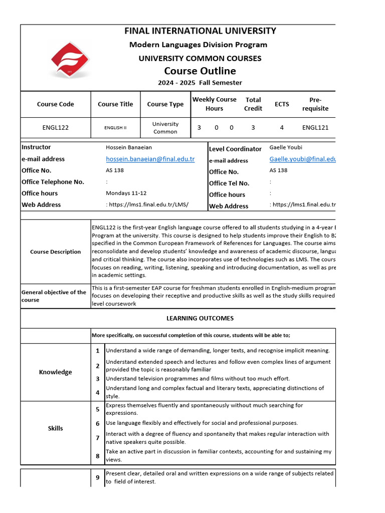 English II Course Outline for EAP Students | PDF | Essays | Vocabulary