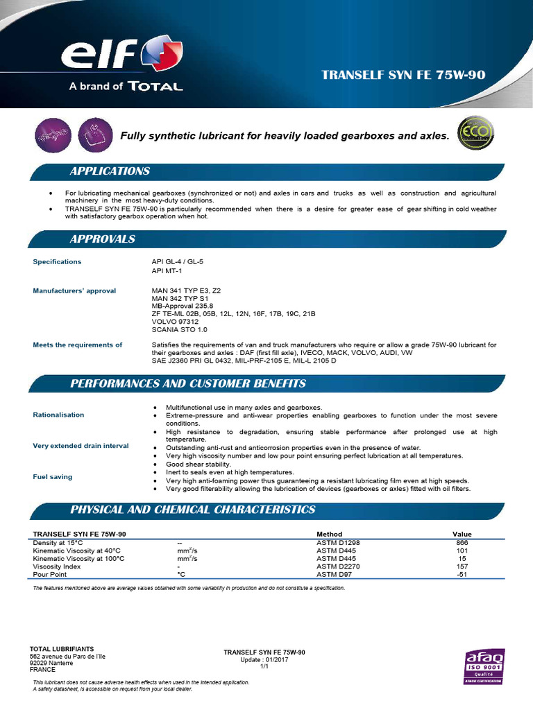 Elf Tranself Syn FE 75W-90 tds | PDF | Lubricant | Viscosity