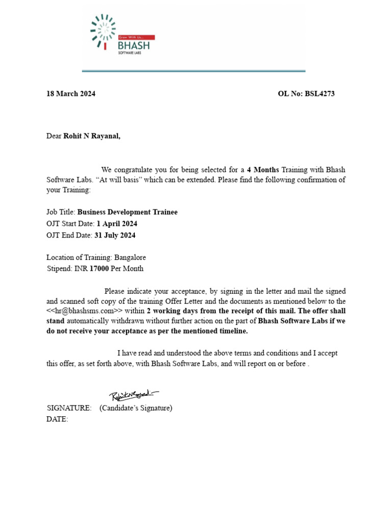 Bhash Software Labs Training Offer Letter | PDF