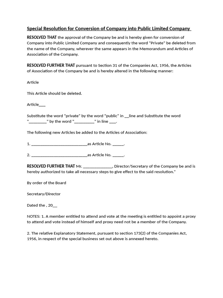 Special Resolution For Conversion of Company Into Public Limited ...