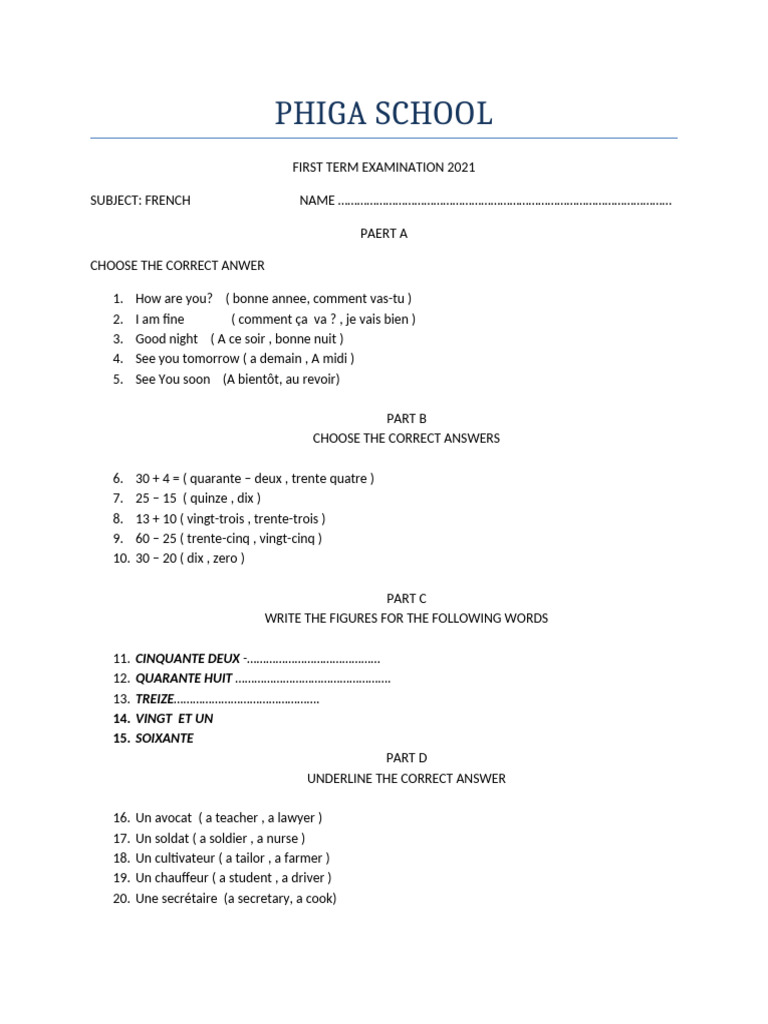 Examen de français - Première année | PDF