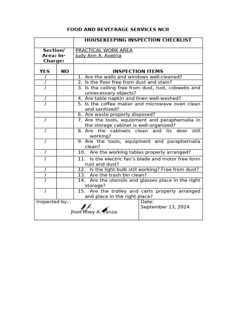 HOUSEKEEPING INSPECTION CHECKLIST PDF Housekeeping Secondary