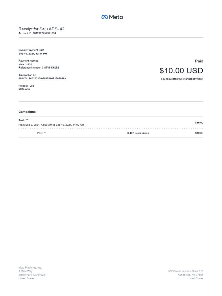 Meta Ads Payment Receipt | PDF
