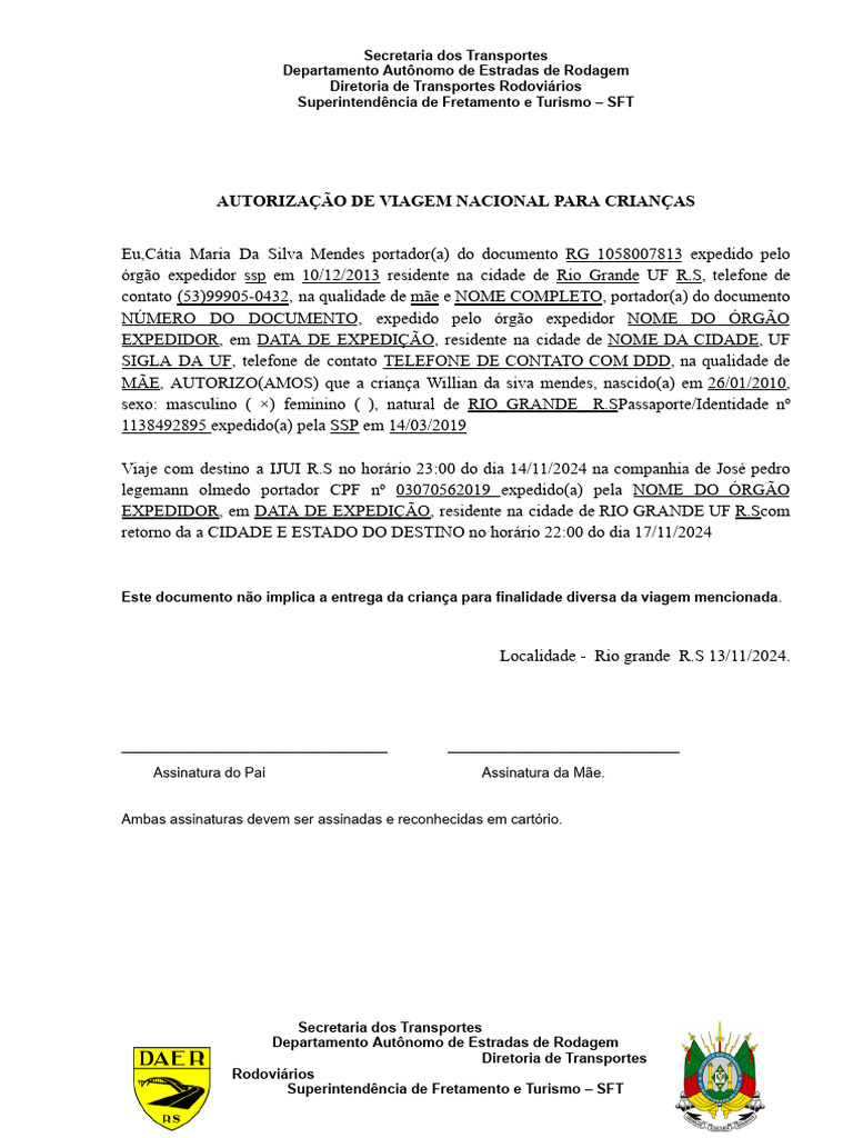 Modelo de Autorizacao de Viagem Estadual para Criancas | PDF