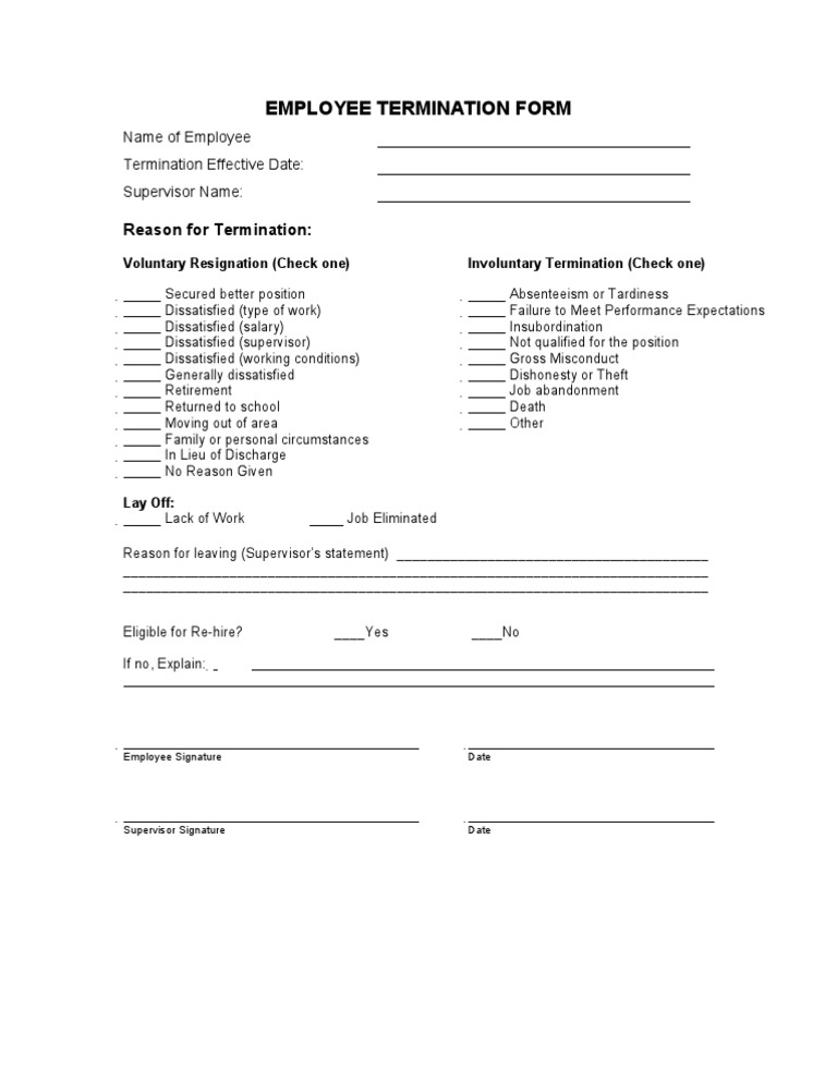 Printable Termination Form Template - Customize and Print