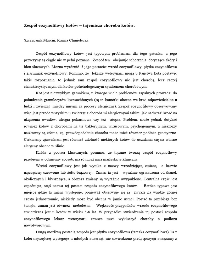 Zespol Eozynofilowy Tajemnicza Choroba Kotow PDF