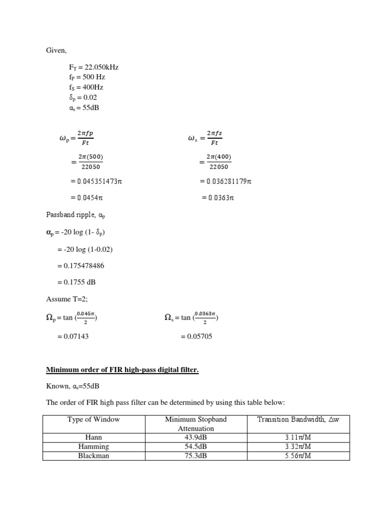 FIR High-Pass Filter Design Calculations | PDF | Technology & Engineering