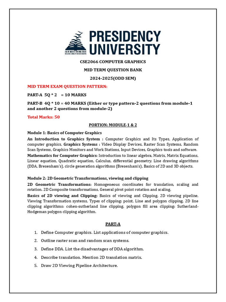 Computer Graphics Midterm Question Bank | PDF | 2 D Computer Graphics ...