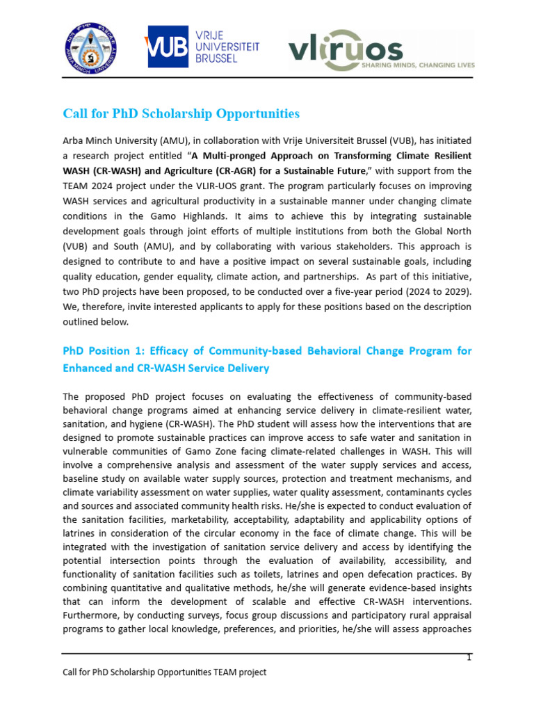 Call For Phd Positions Project Final Call Pdf Wash Climate Resilience