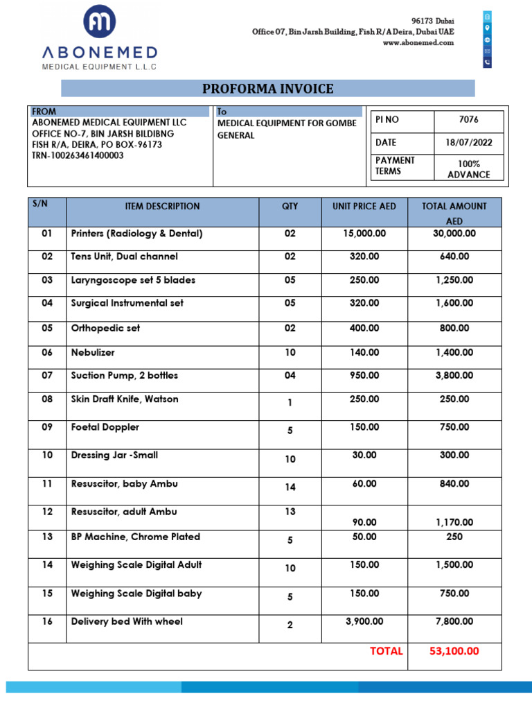 Proforma Invoice for Medical Equipment | PDF