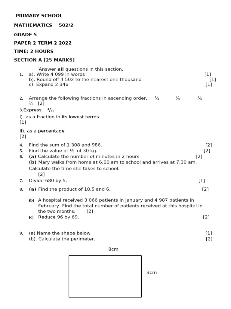 Grade 5 Maths Exam Paper Term 2 2022 | PDF