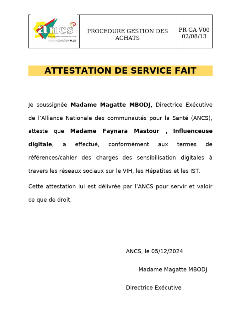 Attestation de Service Fait ANCS | PDF