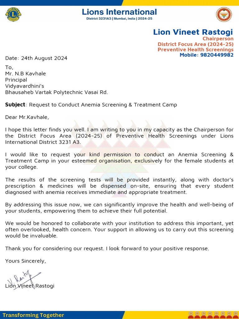 Ln Vineet Rastogi DFA Letter for Vartak College | PDF