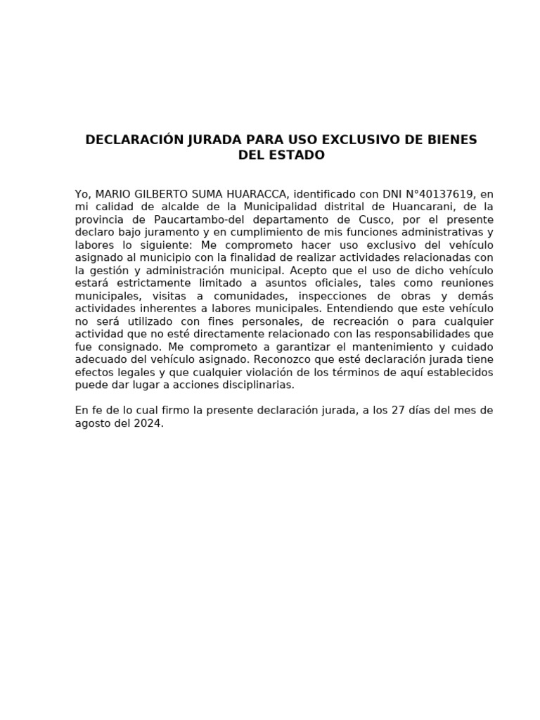 Declaración Jurada para Uso de Bien Del Estado | PDF