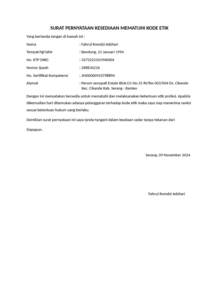 Surat Pernyataan Kode Etik Profesi | PDF