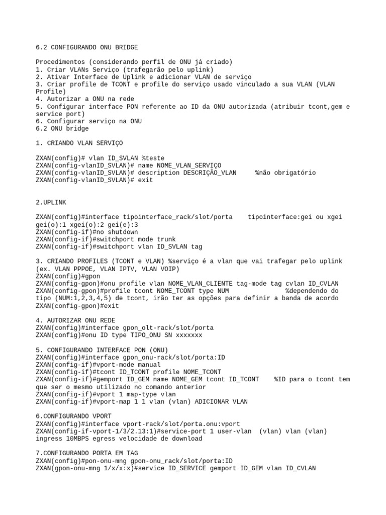 Configuração de ONU Bridge e VLANs | PDF