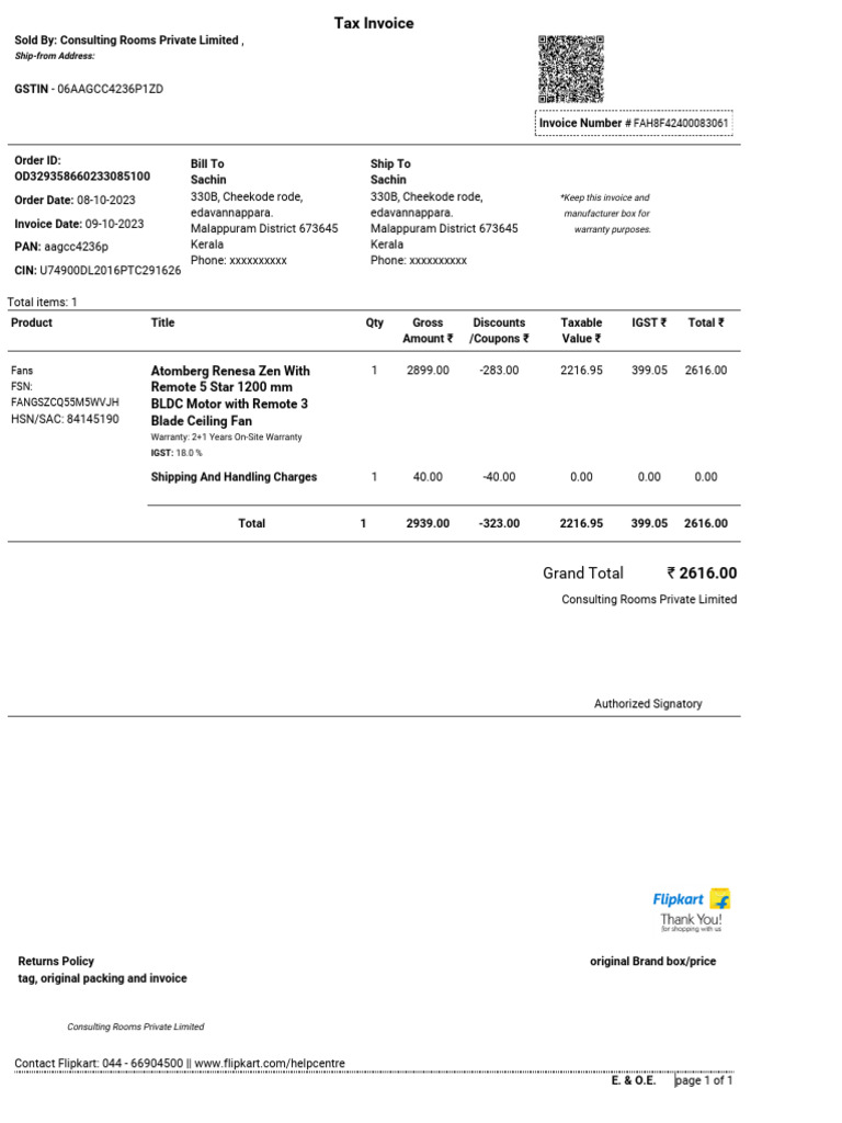 Invoice for Atomberg Ceiling Fan Purchase | PDF | Government Finances ...