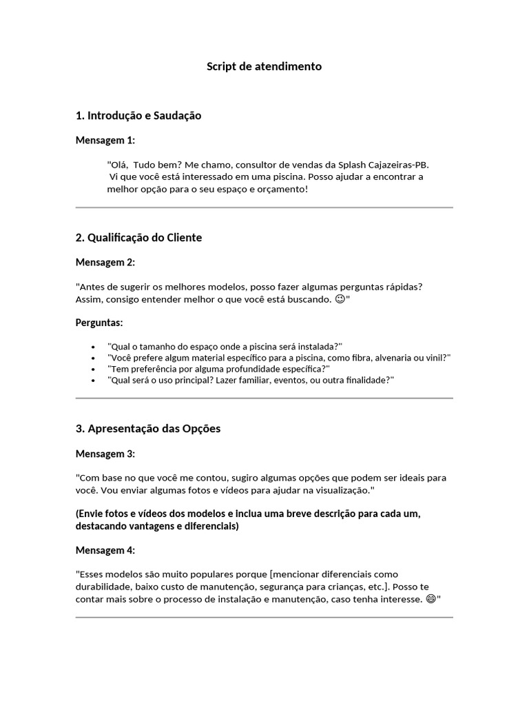 Script de Atendimento para Vendas de Piscinas | PDF | Piscina