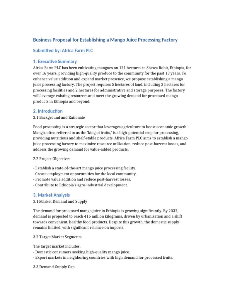 Mango Juice Processing Factory Proposal | PDF | Agriculture | Ethiopia