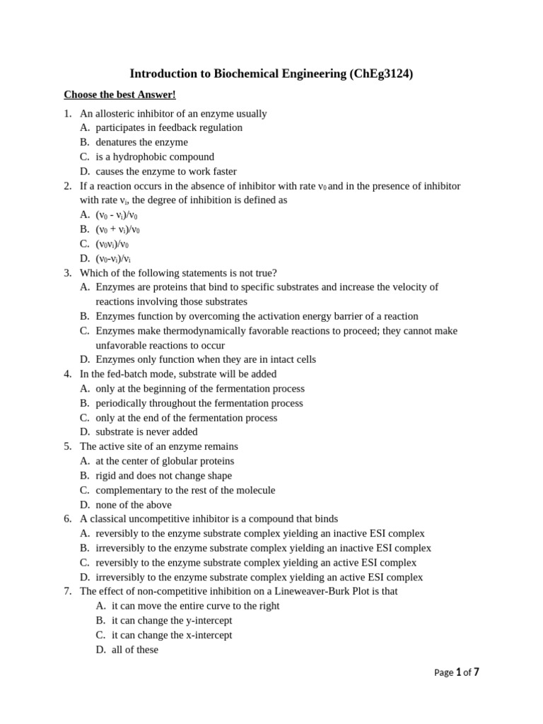Biochemical Engineering Concepts and Questions | PDF | Enzyme Inhibitor ...