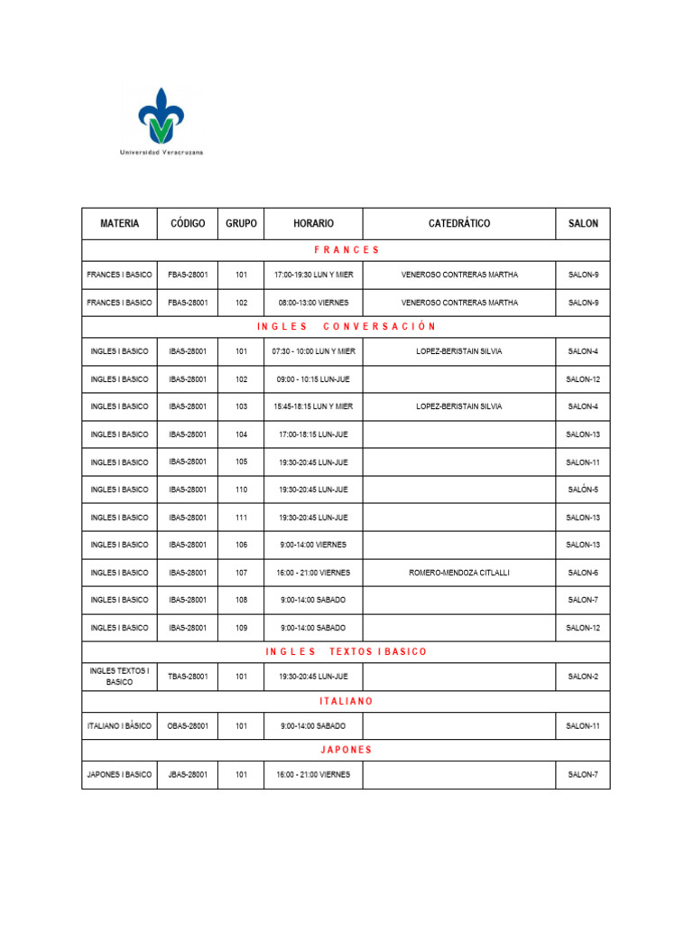 Horarios Cursos Idiomas 2024-2025 | PDF