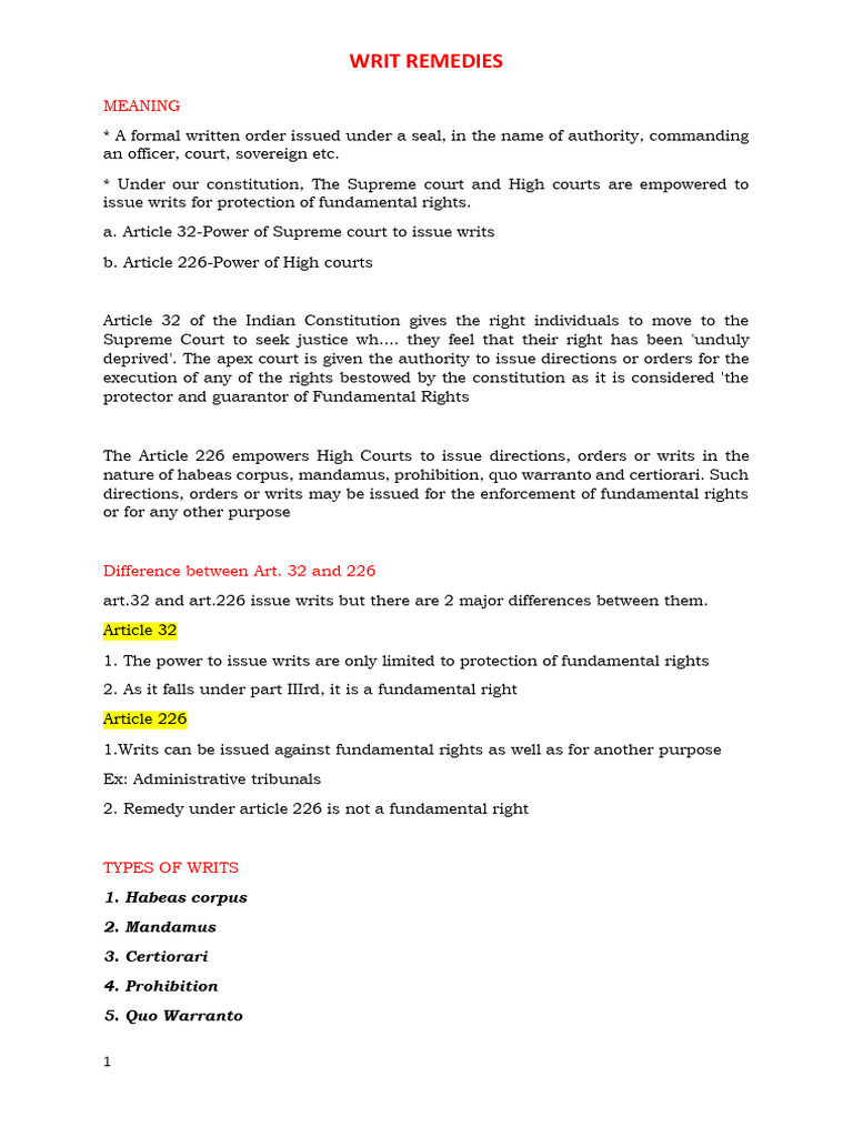 Writ Remedies - Tharun Pranav HD23149, Juris | PDF | Writ | Writ Of ...