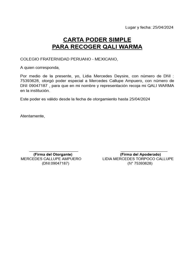 Carta poder simple para recoger titulo profesional docx 1 pdf