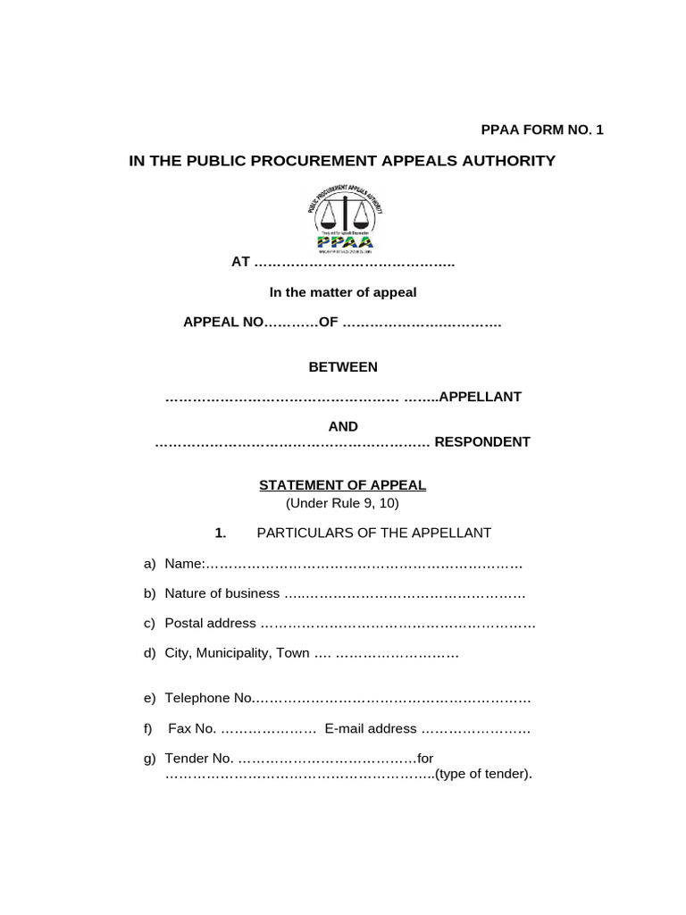 Public Procurement Appeal Form 1 | PDF | Appeal | Justice
