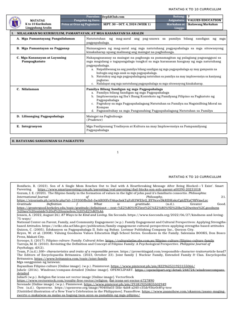 DLL Matatag - Values Education 7 Q2 W1 | PDF