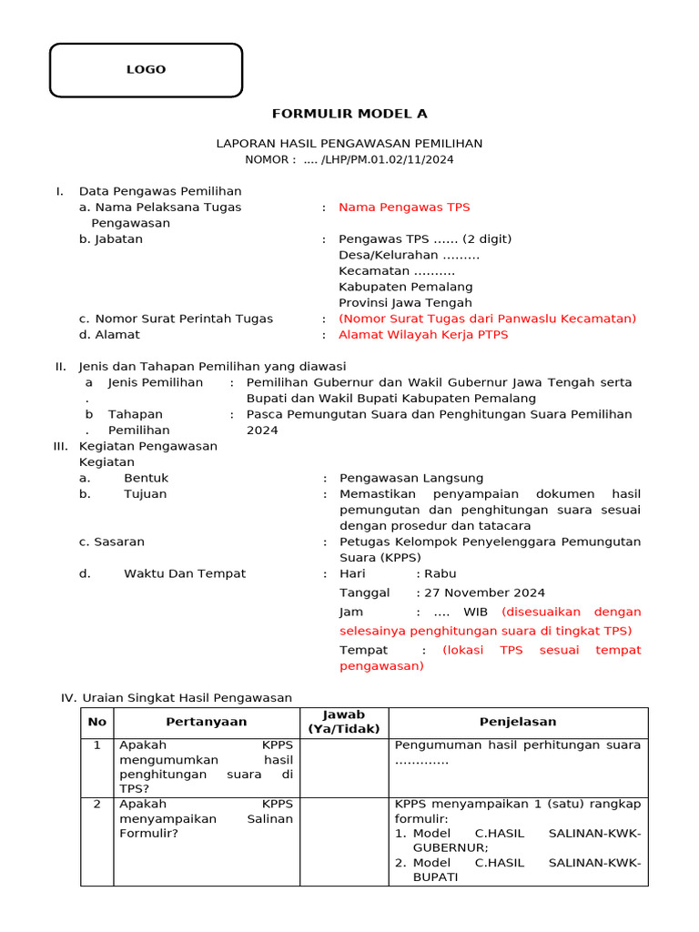 Form A Pengawasan Pilkada 2024 - (Pasca Pemungutan Dan Penghitungan ...
