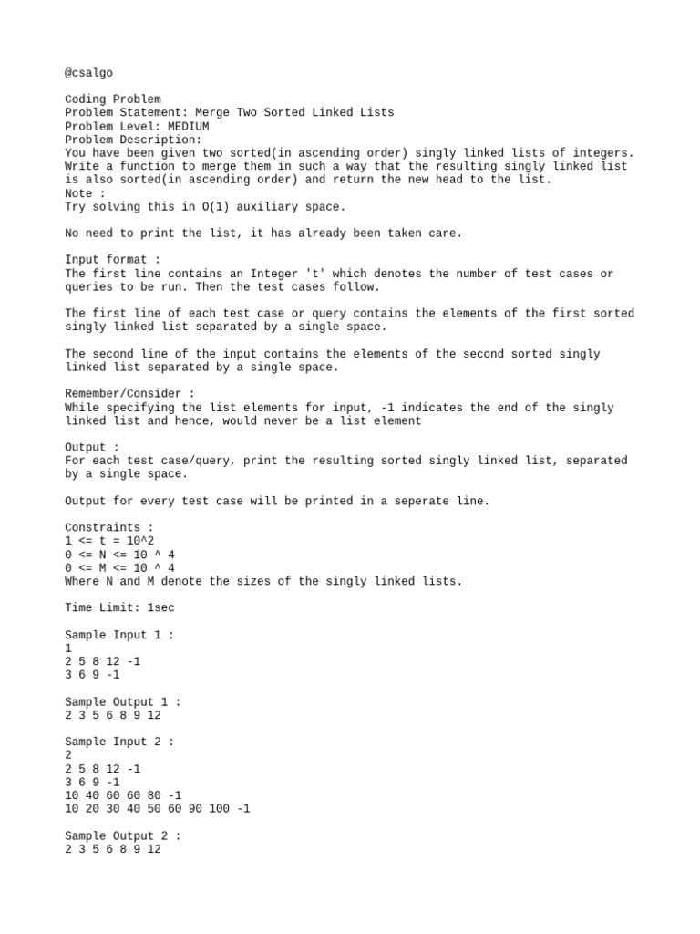 Merge Sorted Linked Lists Guide | PDF