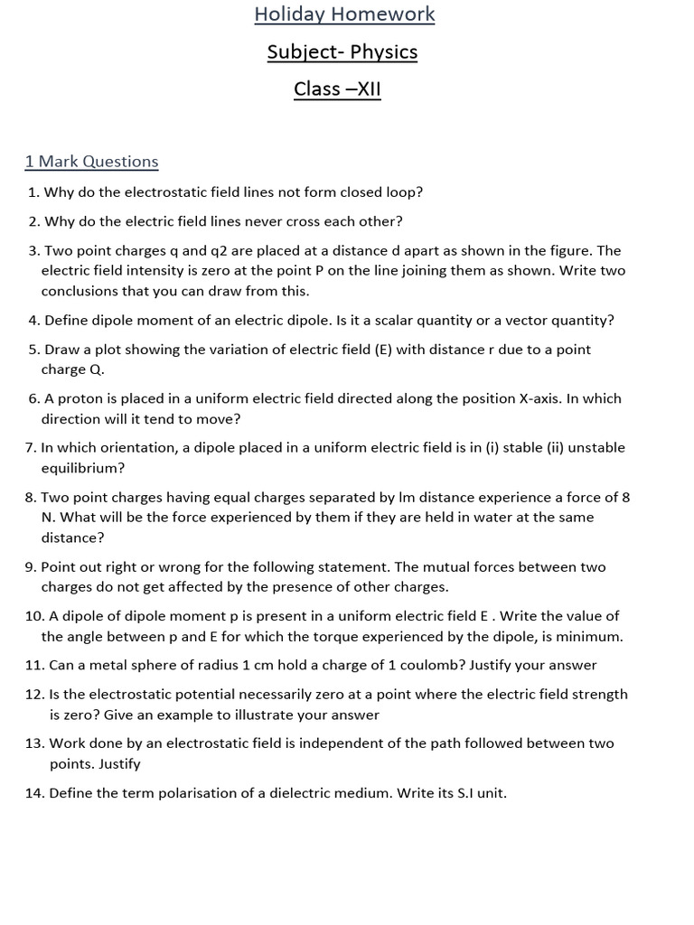Class 12 Physics Holiday Homework | PDF | Capacitor | Electric Field