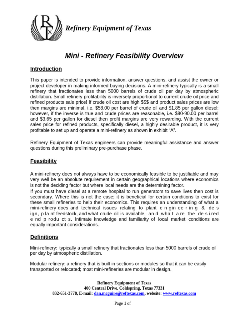 mini-refinery-feasibility-overview | PDF | Oil Refinery | Petroleum