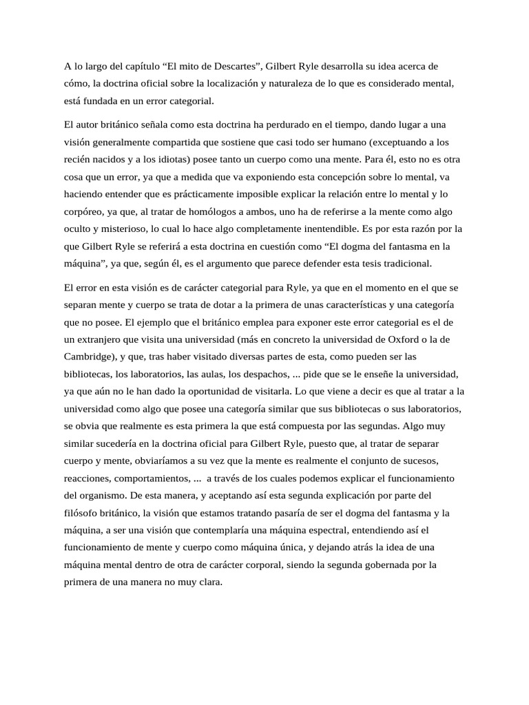 Ryle y el error categorial de Descartes | PDF | René Descartes | Mente