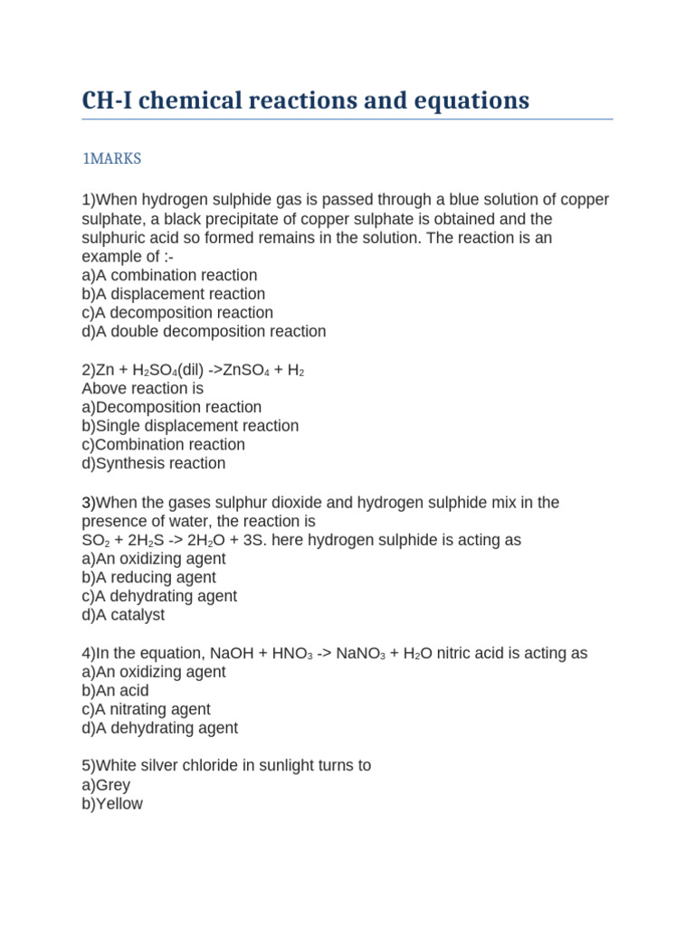 Chemical Reactions and Equations Quiz | PDF | Sodium Carbonate | Acid