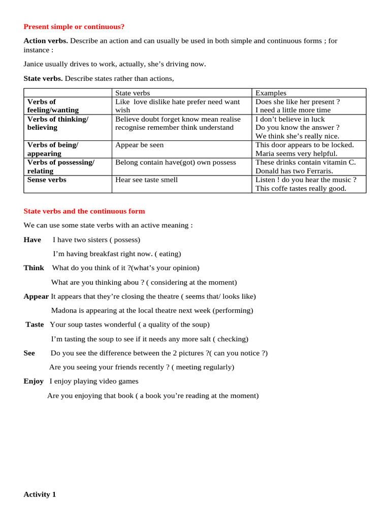 Present Simple vs. Continuous Verbs Guide | PDF