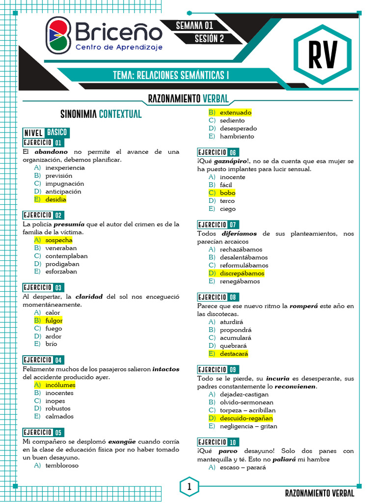 01.2 Relaciones Semánticas (RPTA) | PDF | Pensamiento | Enseñando